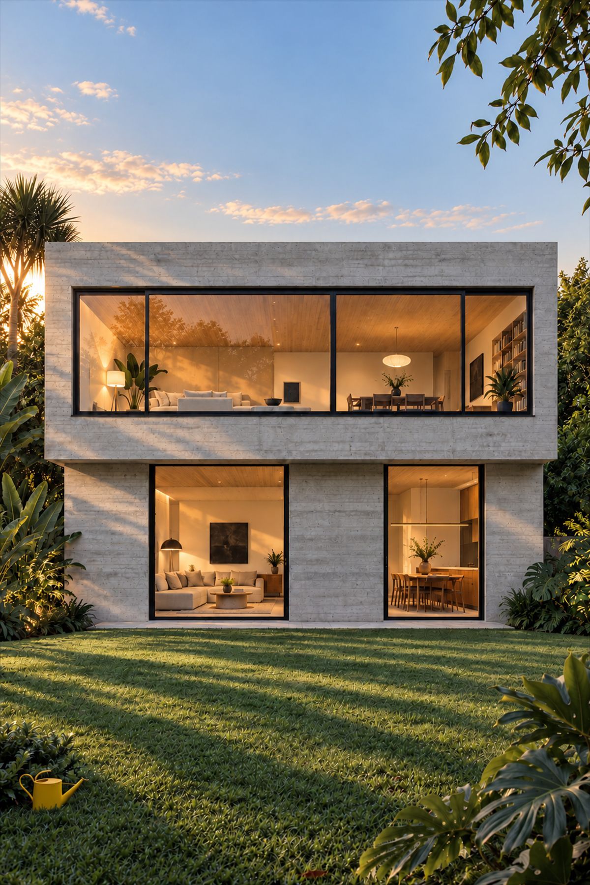 A two-storey board-formed concrete house with tall windows lit warm from inside, seen across a lawn in late sun