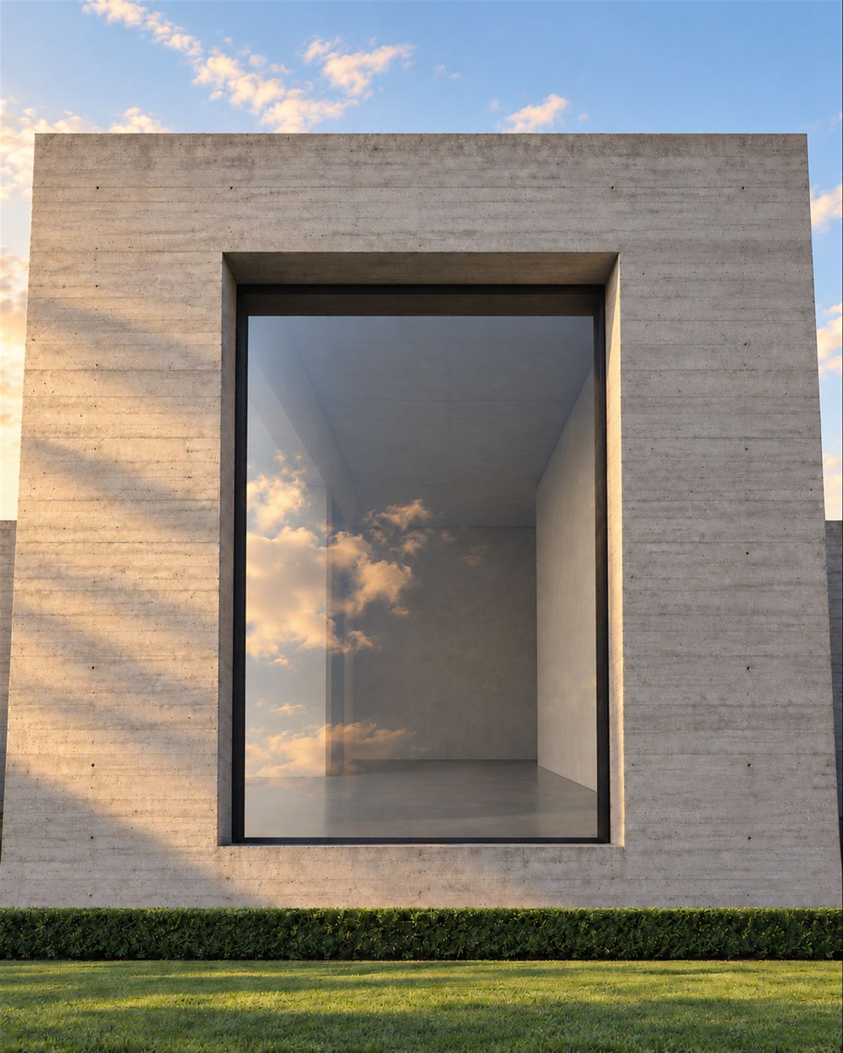 A blank board-formed concrete house front with one huge window reflecting the sky